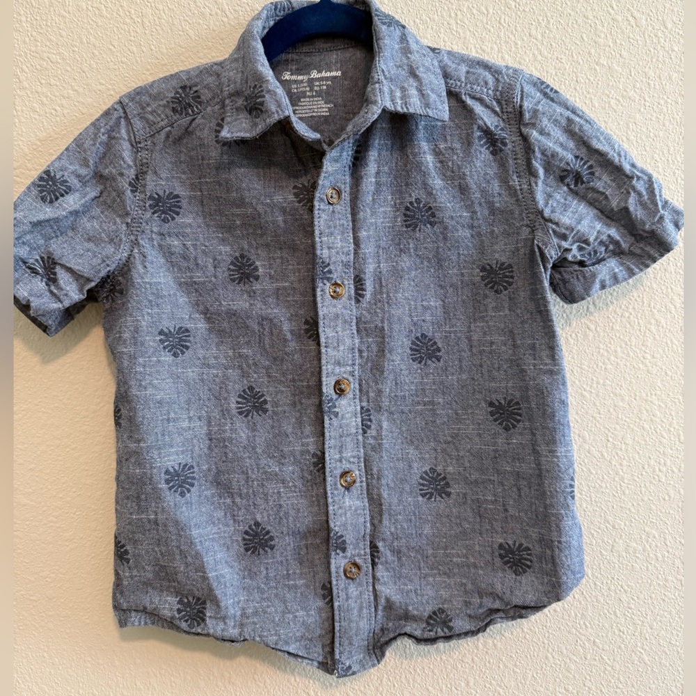 Tommy Bahama Kids Blue Button Down Shirt with Palm Pattern
